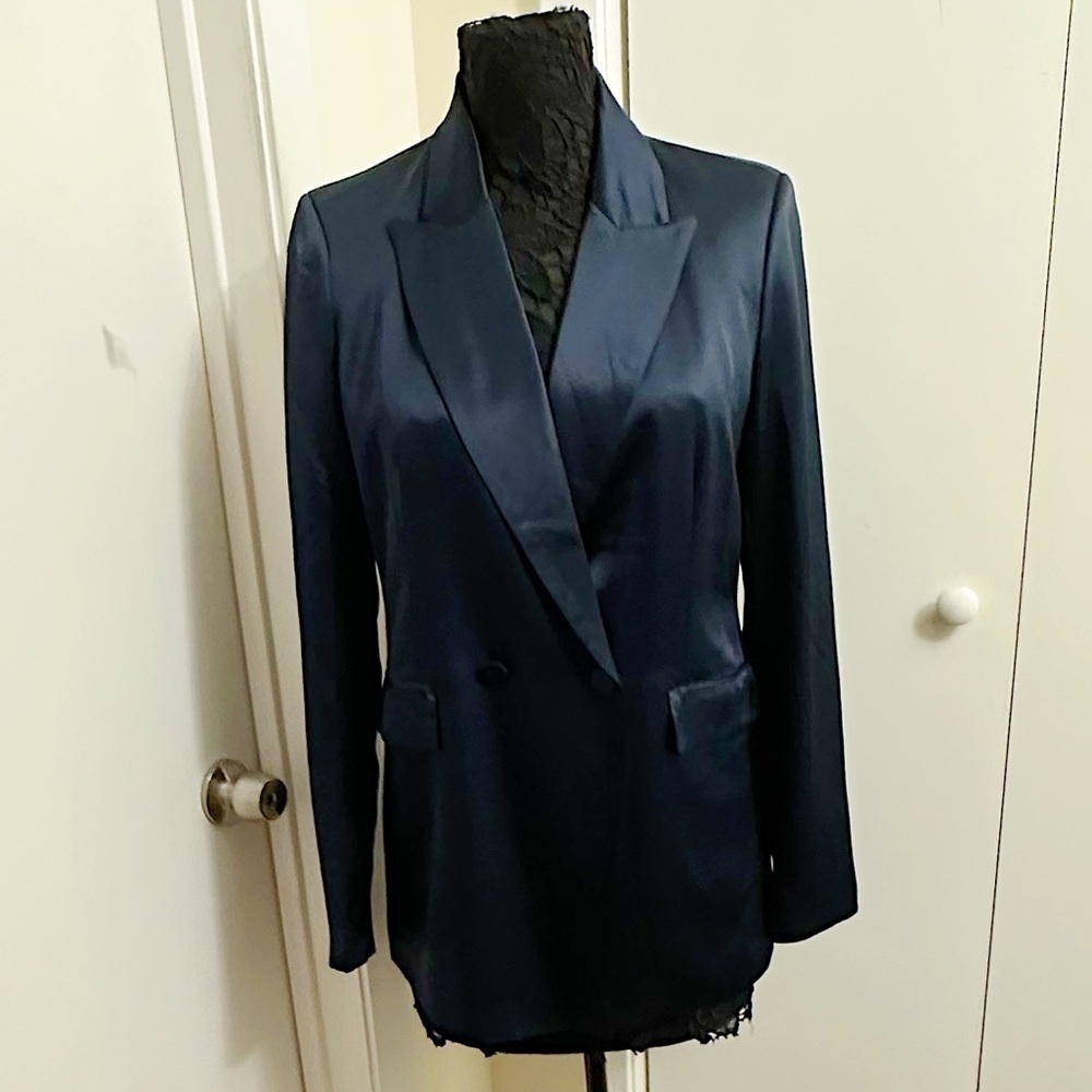 House Of Harlow 1960 Navy Blue Satin Double Long Sleeve Breasted Blazer